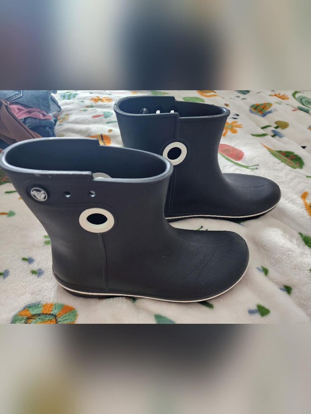 CROCS Women's Black Rain Boots with White Trims Size 10.